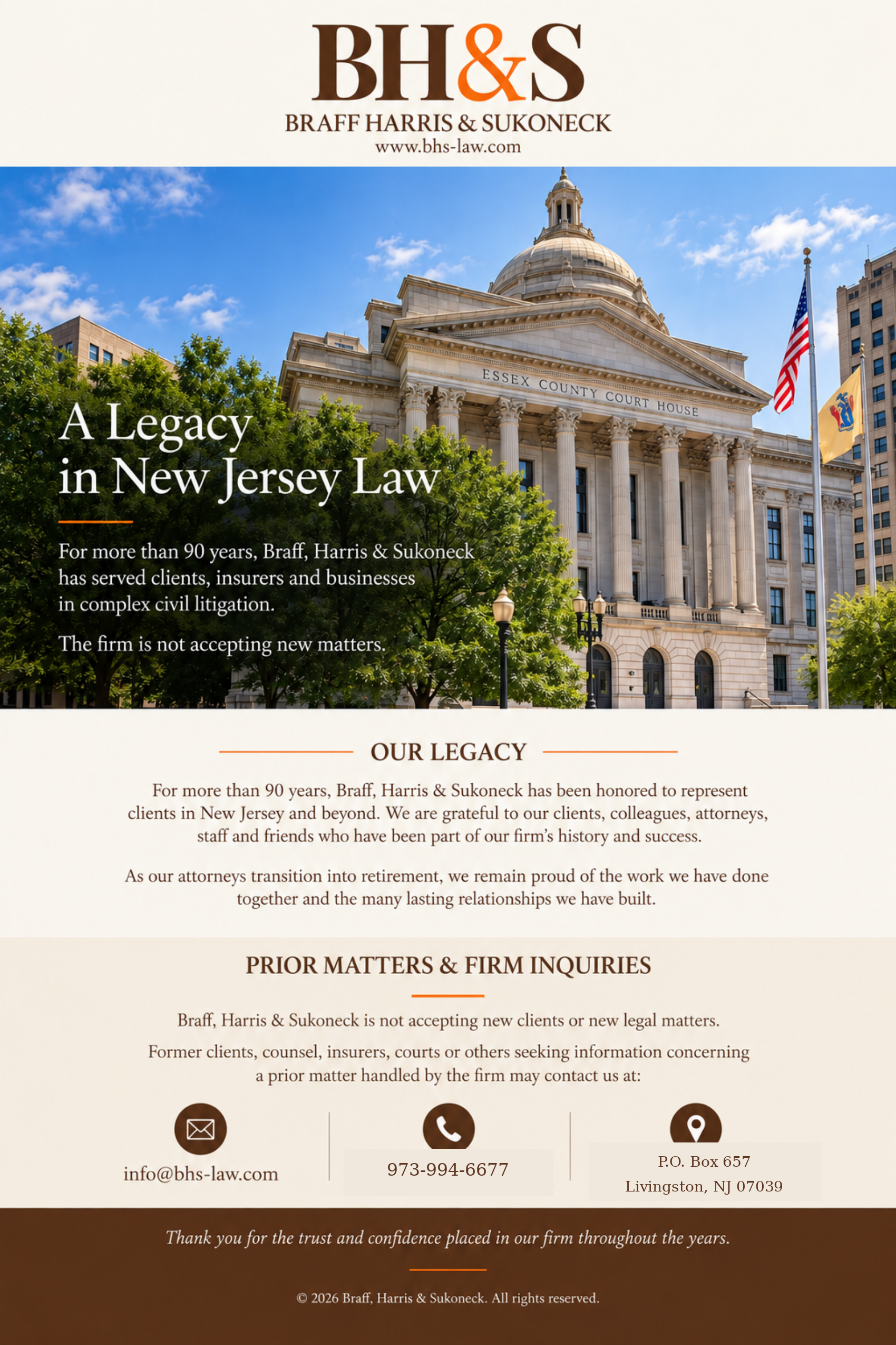 Braff, Harris & Sukoneck legacy website featuring the Essex County Courthouse, firm history, prior matter contact information, phone 973-994-6677, and P.O. Box 657, Livingston, NJ 07039.